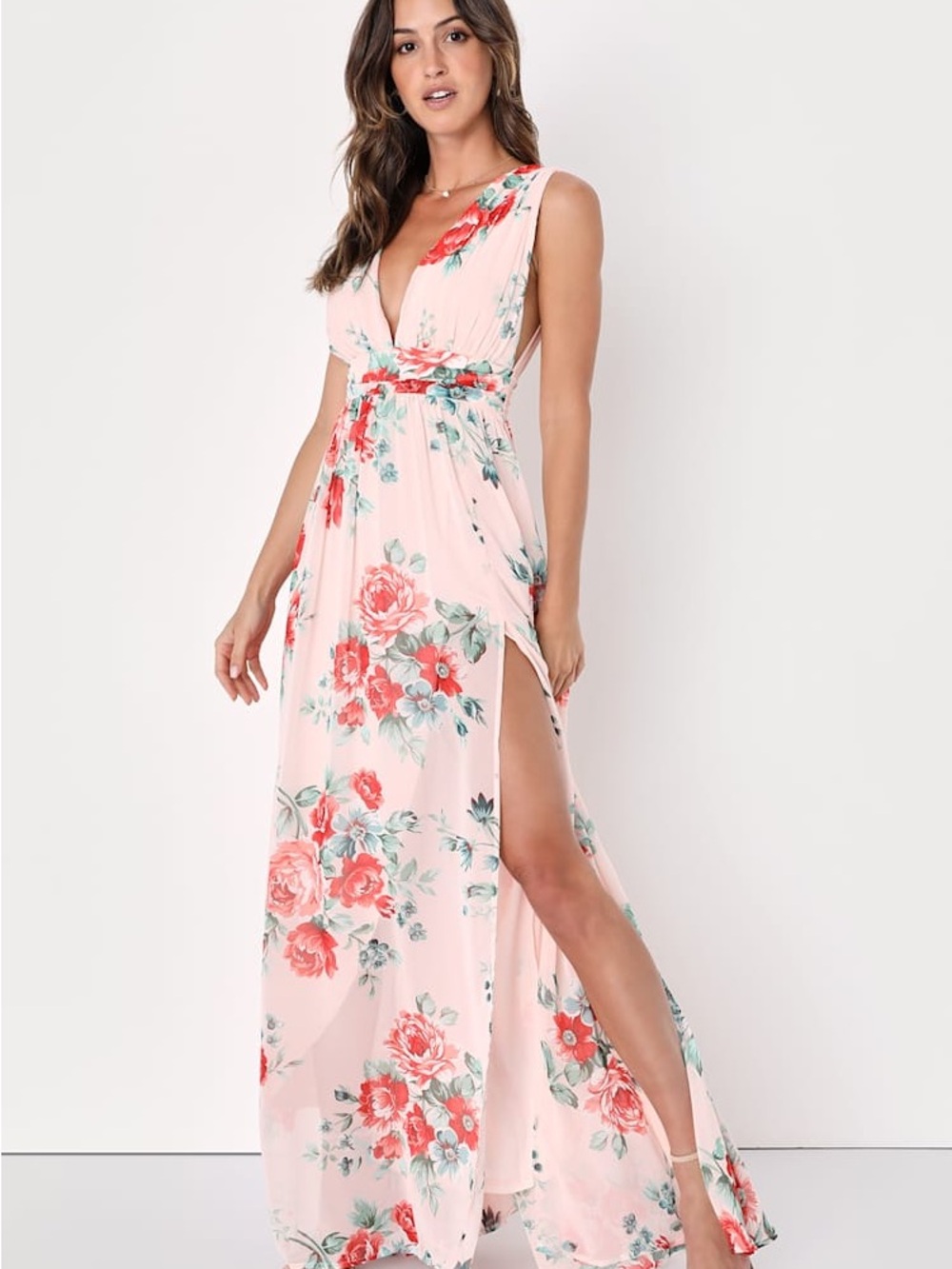 Lulu's Blush Pink Floral Wrap Maxi Dress